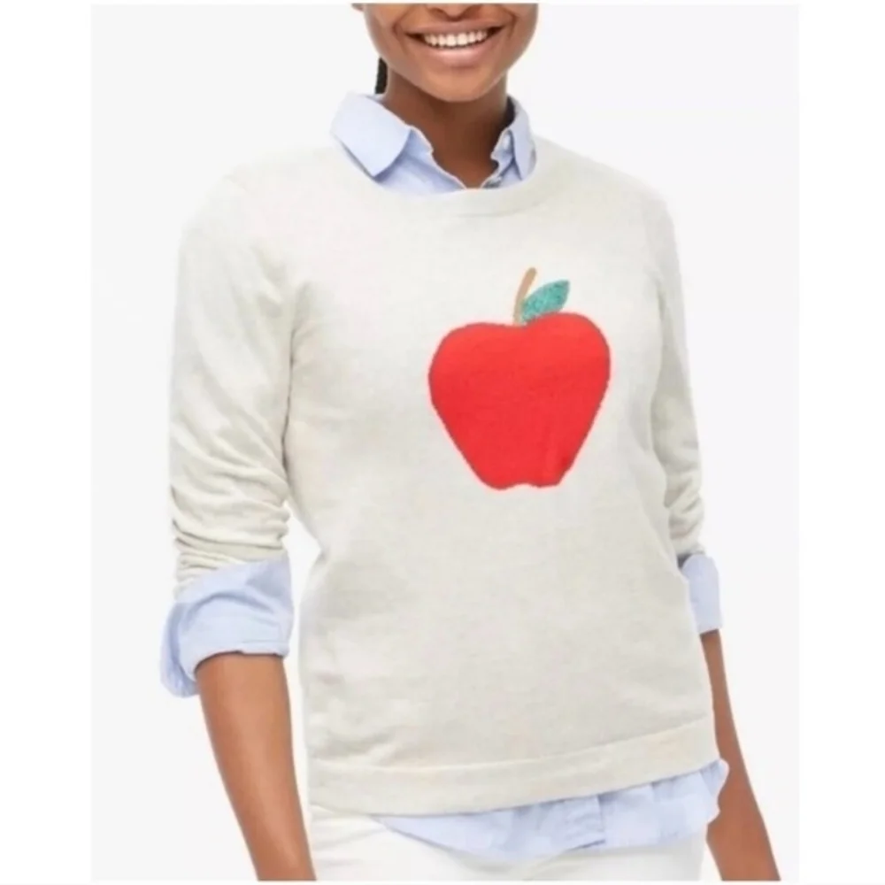 NWT J. Crew Teddie Oatmeal Sweater with Red Apple Design ~size Medium